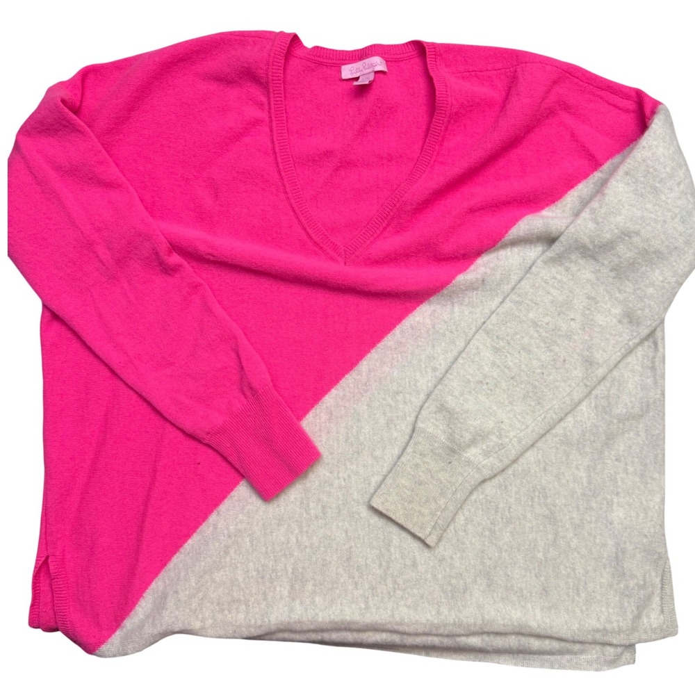 Lilly Pulitzer Sweater L/XL Pink Beige 100% Cashmere V-Neck‎ Long Sleeve *READ - Picture 4 of 9